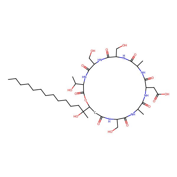2D Structure of 2-[3-(1-Hydroxyethyl)-6,9,21-tris(hydroxymethyl)-25-(2-hydroxytetradecan-2-yl)-12,18-dimethyl-2,5,8,11,14,17,20,23-octaoxo-1-oxa-4,7,10,13,16,19,22-heptazacyclopentacos-15-yl]acetic acid