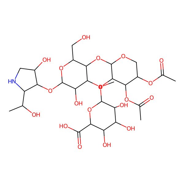 2D Structure of (2S,3S,4S,5R,6S)-6-[(2R,3R,4S,5S)-4,5-diacetyloxy-2-[(2R,3R,4R,5R,6S)-5-hydroxy-6-[(2R,3R,4S)-4-hydroxy-2-[(1R)-1-hydroxyethyl]pyrrolidin-3-yl]oxy-2-(hydroxymethyl)-4-methoxyoxan-3-yl]oxyoxan-3-yl]oxy-3,4,5-trihydroxyoxane-2-carboxylic acid