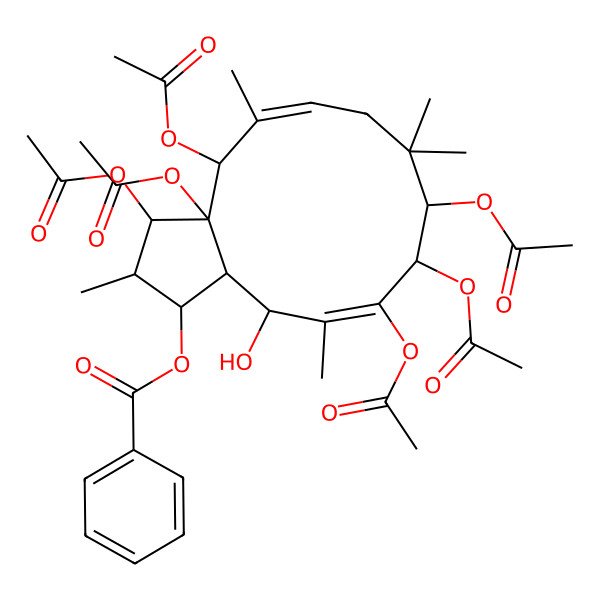 2D Structure of [(1S,2R,3S,3aS,4R,5E,9R,10R,11E,13S,13aS)-3,3a,4,9,10,11-hexaacetyloxy-13-hydroxy-2,5,8,8,12-pentamethyl-2,3,4,7,9,10,13,13a-octahydro-1H-cyclopenta[12]annulen-1-yl] benzoate
