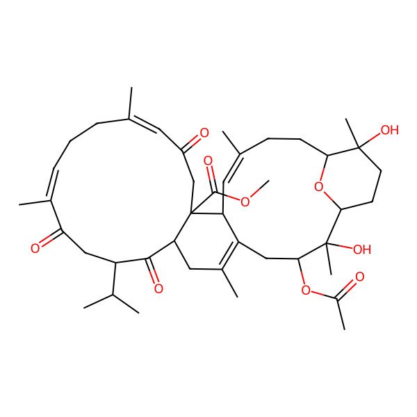 2D Structure of methyl (1R,2S,3S,8S,10S,13E,17E,21R,22S,23E,27R,28R)-3-acetyloxy-2,28-dihydroxy-2,6,13,17,24,28-hexamethyl-9,12,19-trioxo-10-propan-2-yl-31-oxatetracyclo[25.3.1.05,22.08,21]hentriaconta-5,13,17,23-tetraene-21-carboxylate