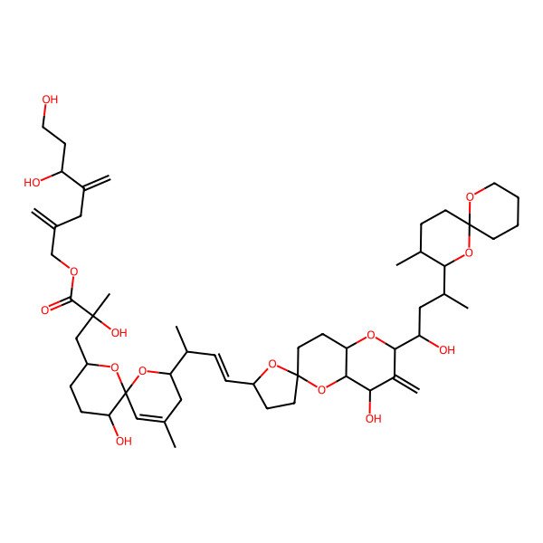 2D Structure of [(5R)-5,7-dihydroxy-2,4-dimethylideneheptyl] (2R)-3-[(2S,6R,8S,11R)-2-[(E,2R)-4-[(2S,2'R,4R,4aS,6R,8aR)-4-hydroxy-2-[(1S,3S)-1-hydroxy-3-[(2S,3R,6S)-3-methyl-1,7-dioxaspiro[5.5]undecan-2-yl]butyl]-3-methylidenespiro[4a,7,8,8a-tetrahydro-4H-pyrano[3,2-b]pyran-6,5'-oxolane]-2'-yl]but-3-en-2-yl]-11-hydroxy-4-methyl-1,7-dioxaspiro[5.5]undec-4-en-8-yl]-2-hydroxy-2-methylpropanoate