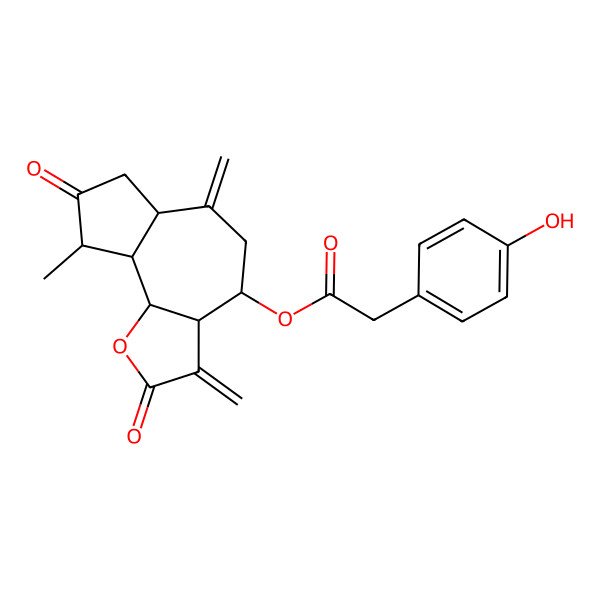 2D Structure of [(3aR,4S,6aR,9S,9aR,9bR)-9-methyl-3,6-dimethylidene-2,8-dioxo-3a,4,5,6a,7,9,9a,9b-octahydroazuleno[4,5-b]furan-4-yl] 2-(4-hydroxyphenyl)acetate