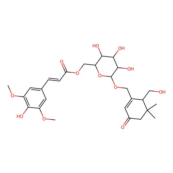 2D Structure of [(2R,3S,4S,5R,6R)-3,4,5-trihydroxy-6-[[(6S)-6-(hydroxymethyl)-5,5-dimethyl-3-oxocyclohexen-1-yl]methoxy]oxan-2-yl]methyl (E)-3-(4-hydroxy-3,5-dimethoxyphenyl)prop-2-enoate
