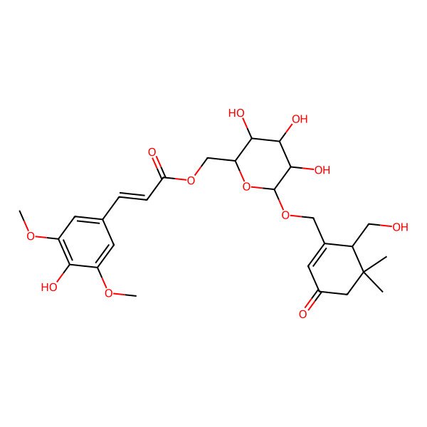 2D Structure of [(2R,3S,4S,5R,6R)-3,4,5-trihydroxy-6-[[(6S)-6-(hydroxymethyl)-5,5-dimethyl-3-oxocyclohexen-1-yl]methoxy]oxan-2-yl]methyl (E)-3-(4-hydroxy-3,5-dimethoxyphenyl)prop-2-enoate