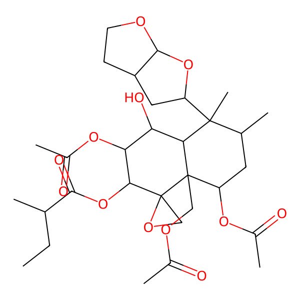 2D Structure of [(1R,2S,3R,4S,4aR,5S,6R,8S,8aR)-5-[(3aR,6aS)-2,3,3a,4,5,6a-hexahydrofuro[2,3-b]furan-5-yl]-3,8-diacetyloxy-8a-(acetyloxymethyl)-4-hydroxy-5,6-dimethylspiro[3,4,4a,6,7,8-hexahydro-2H-naphthalene-1,2'-oxirane]-2-yl] 2-methylbutanoate