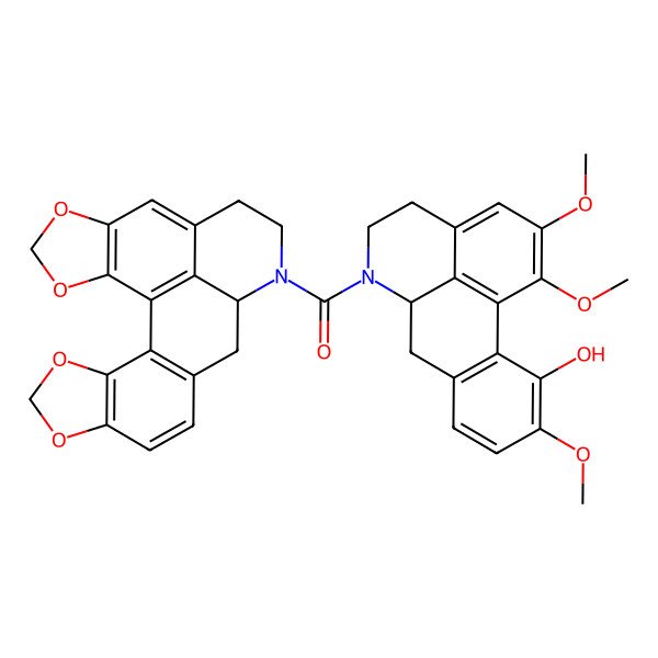 2D Structure of [(6aS)-11-hydroxy-1,2,10-trimethoxy-5,6,6a,7-tetrahydro-4H-dibenzo[de,g]quinolin-6-yl]-[(12S)-4,6,19,21-tetraoxa-13-azahexacyclo[10.10.1.02,10.03,7.016,23.018,22]tricosa-1(23),2(10),3(7),8,16,18(22)-hexaen-13-yl]methanone