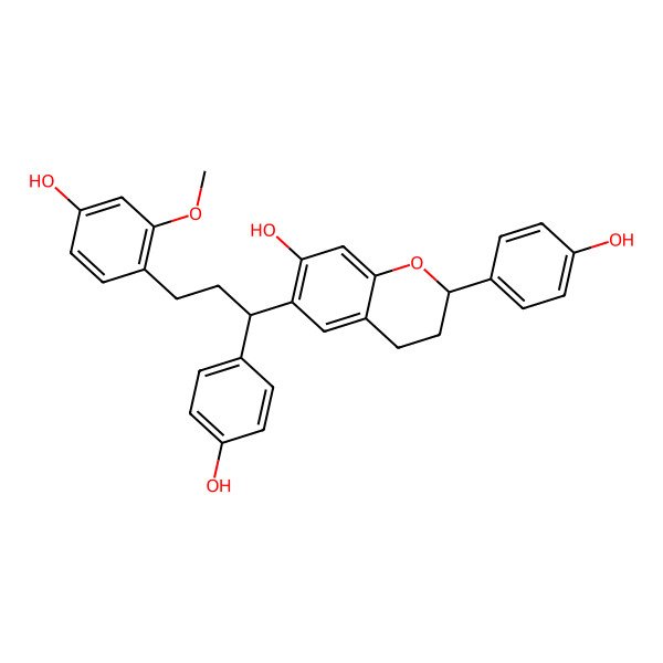 2D Structure of 6-[3-(4-hydroxy-2-methoxyphenyl)-1-(4-hydroxyphenyl)propyl]-2-(4-hydroxyphenyl)-3,4-dihydro-2H-chromen-7-ol