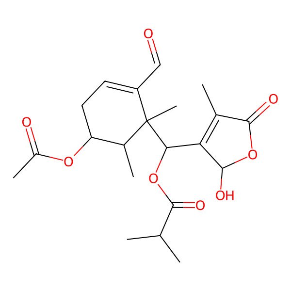 2D Structure of [(S)-[(1R,5S,6R)-5-acetyloxy-2-formyl-1,6-dimethylcyclohex-2-en-1-yl]-[(2S)-2-hydroxy-4-methyl-5-oxo-2H-furan-3-yl]methyl] 2-methylpropanoate