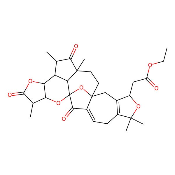 2D Structure of ethyl 2-[(1S,3R,4S,7R,8S,9S,11S,14S,17S,26S)-4,9,11,19,19-pentamethyl-5,10,24-trioxo-2,6,18,25-tetraoxaheptacyclo[12.10.1.11,8.03,7.014,23.016,20.011,26]hexacosa-16(20),22-dien-17-yl]acetate