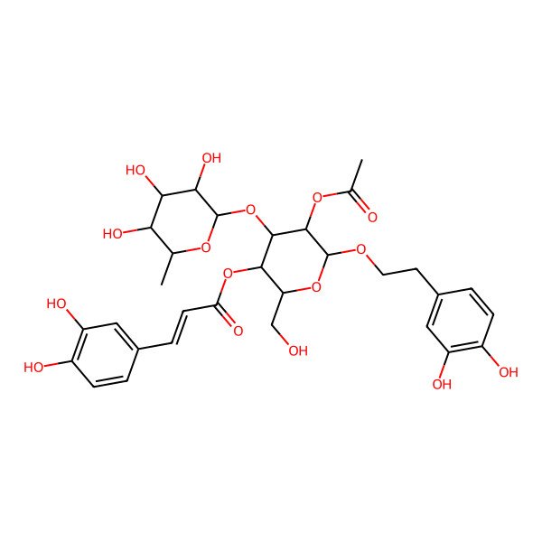 2D Structure of [(2R,3R,5R,6R)-5-acetyloxy-6-[2-(3,4-dihydroxyphenyl)ethoxy]-2-(hydroxymethyl)-4-[(2S,3R,4R,5R,6S)-3,4,5-trihydroxy-6-methyloxan-2-yl]oxyoxan-3-yl] (E)-3-(3,4-dihydroxyphenyl)prop-2-enoate