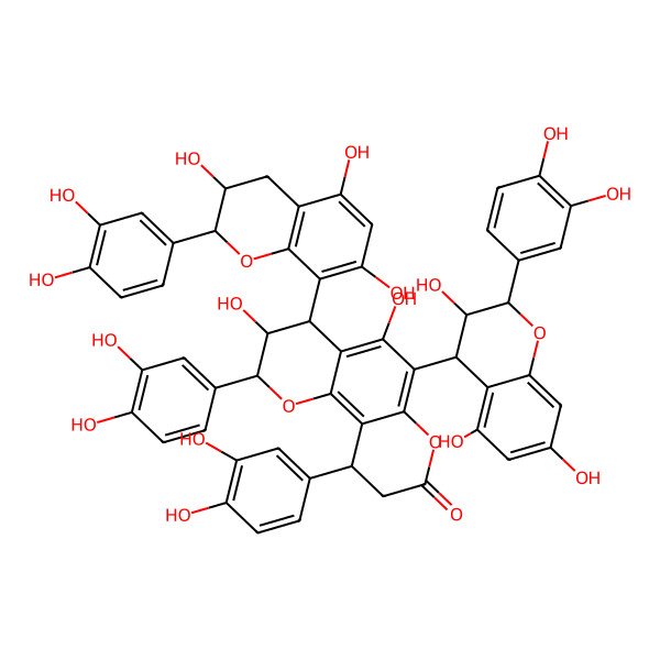 2D Structure of 2,10-bis(3,4-dihydroxyphenyl)-6-[2-(3,4-dihydroxyphenyl)-3,5,7-trihydroxy-3,4-dihydro-2H-chromen-4-yl]-4-[2-(3,4-dihydroxyphenyl)-3,5,7-trihydroxy-3,4-dihydro-2H-chromen-8-yl]-3,5-dihydroxy-3,4,9,10-tetrahydro-2H-pyrano[2,3-h]chromen-8-one