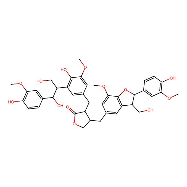 2D Structure of 3-[[3-[1,3-Dihydroxy-1-(4-hydroxy-3-methoxyphenyl)propan-2-yl]-4-hydroxy-5-methoxyphenyl]methyl]-4-[[2-(4-hydroxy-3-methoxyphenyl)-3-(hydroxymethyl)-7-methoxy-2,3-dihydro-1-benzofuran-5-yl]methyl]oxolan-2-one