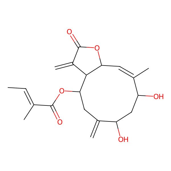 2D Structure of [(3aR,4R,7S,9R,10Z,11aS)-7,9-dihydroxy-10-methyl-3,6-dimethylidene-2-oxo-4,5,7,8,9,11a-hexahydro-3aH-cyclodeca[b]furan-4-yl] (E)-2-methylbut-2-enoate