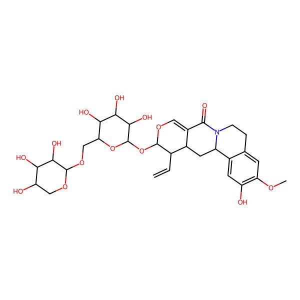 2D Structure of (1R,15S,16S,17S)-16-ethenyl-4-hydroxy-5-methoxy-15-[(2S,3R,4S,5S,6R)-3,4,5-trihydroxy-6-[[(2R,3S,4S,5S)-3,4,5-trihydroxyoxan-2-yl]oxymethyl]oxan-2-yl]oxy-14-oxa-10-azatetracyclo[8.8.0.02,7.012,17]octadeca-2,4,6,12-tetraen-11-one