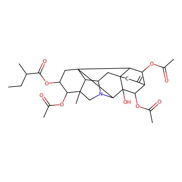 2D Structure of [(1S,3R,4S,5R,8S,9R,10R,11R,14R,16S,17S,18S,19S)-4,10,19-triacetyloxy-9-hydroxy-5-methyl-12-methylidene-7-azaheptacyclo[9.6.2.01,8.05,17.07,16.09,14.014,18]nonadecan-3-yl] (2R)-2-methylbutanoate