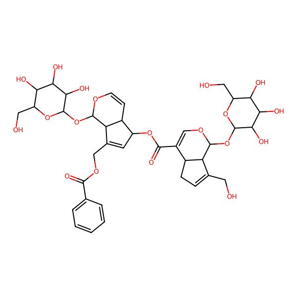 2D Structure of [(1S,4aS,5R,7aS)-7-(benzoyloxymethyl)-1-[(2S,3R,4S,5S,6R)-3,4,5-trihydroxy-6-(hydroxymethyl)oxan-2-yl]oxy-1,4a,5,7a-tetrahydrocyclopenta[c]pyran-5-yl] (1S,4aS,7aS)-7-(hydroxymethyl)-1-[(2S,3R,4S,5S,6R)-3,4,5-trihydroxy-6-(hydroxymethyl)oxan-2-yl]oxy-1,4a,5,7a-tetrahydrocyclopenta[c]pyran-4-carboxylate