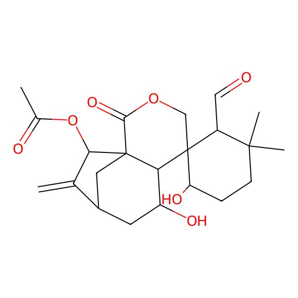 2D Structure of [(1S,2'R,4'S,5S,6S,7S,9S,11R)-2'-formyl-4',7-dihydroxy-1',1'-dimethyl-10-methylidene-2-oxospiro[3-oxatricyclo[7.2.1.01,6]dodecane-5,3'-cyclohexane]-11-yl] acetate