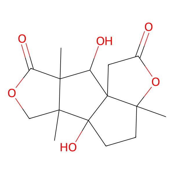 2D Structure of (1S,2R,3S,7S,8S,11S)-2,8-dihydroxy-3,7,11-trimethyl-5,12-dioxatetracyclo[6.6.0.01,11.03,7]tetradecane-4,13-dione