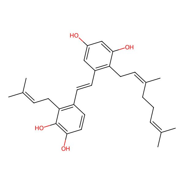 2D Structure of 4-[2-[2-(3,7-Dimethylocta-2,6-dienyl)-3,5-dihydroxyphenyl]ethenyl]-3-(3-methylbut-2-enyl)benzene-1,2-diol