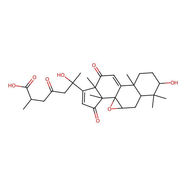 2D Structure of 6-Hydroxy-6-(7-hydroxy-6,6,10,14,18-pentamethyl-13,17-dioxo-2-oxapentacyclo[9.7.0.01,3.05,10.014,18]octadeca-11,15-dien-15-yl)-2-methyl-4-oxoheptanoic acid