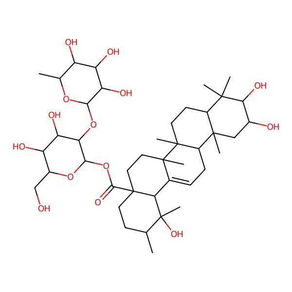 2D Structure of [(2S,3R,4S,5S,6R)-4,5-dihydroxy-6-(hydroxymethyl)-3-[(2S,3R,4R,5R,6S)-3,4,5-trihydroxy-6-methyloxan-2-yl]oxyoxan-2-yl] (1R,2R,4aS,6aR,6aS,6bR,8aR,10R,11R,12aR,14bS)-1,10,11-trihydroxy-1,2,6a,6b,9,9,12a-heptamethyl-2,3,4,5,6,6a,7,8,8a,10,11,12,13,14b-tetradecahydropicene-4a-carboxylate