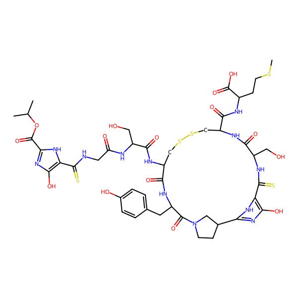 2D Structure of (2S)-2-[[(1R,8S,11R,16R,19S)-4-hydroxy-16-[[(2S)-3-hydroxy-2-[[2-[(4-hydroxy-2-propan-2-yloxycarbonyl-1H-imidazole-5-carbothioyl)amino]acetyl]amino]propanoyl]amino]-8-(hydroxymethyl)-19-[(4-hydroxyphenyl)methyl]-9,17,20-trioxo-6-sulfanylidene-13,14-dithia-3,7,10,18,21,25-hexazatricyclo[19.2.1.12,5]pentacosa-2,4-diene-11-carbonyl]amino]-4-methylsulfanylbutanoic acid