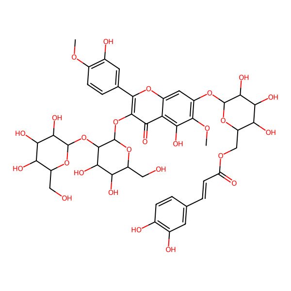 2D Structure of [(2R,3S,4S,5R,6S)-6-[3-[(2S,3R,4S,5S,6R)-4,5-dihydroxy-6-(hydroxymethyl)-3-[(2S,3R,4S,5S,6R)-3,4,5-trihydroxy-6-(hydroxymethyl)oxan-2-yl]oxyoxan-2-yl]oxy-5-hydroxy-2-(3-hydroxy-4-methoxyphenyl)-6-methoxy-4-oxochromen-7-yl]oxy-3,4,5-trihydroxyoxan-2-yl]methyl (E)-3-(3,4-dihydroxyphenyl)prop-2-enoate