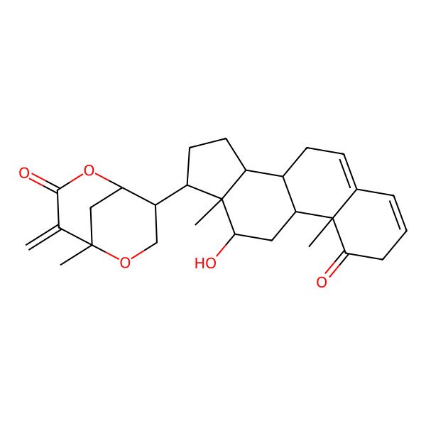 2D Structure of (1R,5R,8R)-8-[(8S,9S,10R,12R,13S,14S,17R)-12-hydroxy-10,13-dimethyl-1-oxo-2,7,8,9,11,12,14,15,16,17-decahydrocyclopenta[a]phenanthren-17-yl]-5-methyl-4-methylidene-2,6-dioxabicyclo[3.3.1]nonan-3-one