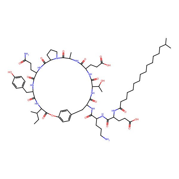 2D Structure of 5-[[5-Amino-1-[[10-(3-amino-3-oxopropyl)-4-butan-2-yl-22-(2-carboxyethyl)-25-(1-hydroxyethyl)-7-[(4-hydroxyphenyl)methyl]-19-methyl-3,6,9,12,18,21,24,27-octaoxo-2-oxa-5,8,11,17,20,23,26-heptazatricyclo[28.2.2.013,17]tetratriaconta-1(33),30(34),31-trien-28-yl]amino]-1-oxopentan-2-yl]amino]-4-(15-methylhexadecanoylamino)-5-oxopentanoic acid