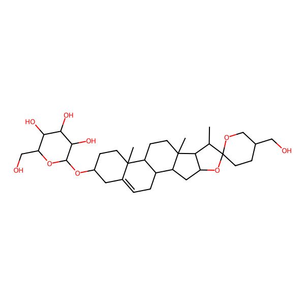 2D Structure of (2R,3S,4S,5R,6R)-2-(hydroxymethyl)-6-[(1S,2S,4S,5'S,6R,7S,8R,9S,12S,13R,16S)-5'-(hydroxymethyl)-7,9,13-trimethylspiro[5-oxapentacyclo[10.8.0.02,9.04,8.013,18]icos-18-ene-6,2'-oxane]-16-yl]oxyoxane-3,4,5-triol