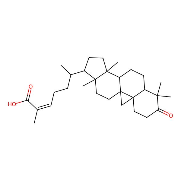 2D Structure of (Z)-2-methyl-6-[(3R,15R,16R)-7,7,12,16-tetramethyl-6-oxo-15-pentacyclo[9.7.0.01,3.03,8.012,16]octadecanyl]hept-2-enoic acid