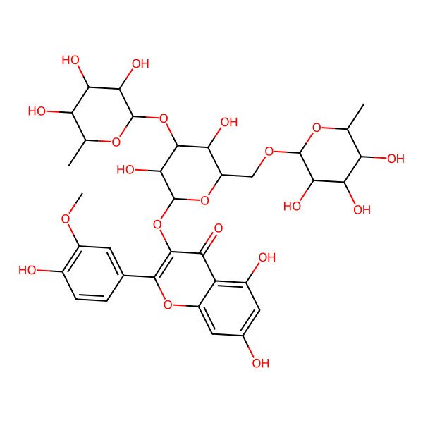 2D Structure of 3-[(2S,3R,4S,5R,6R)-3,5-dihydroxy-4-[(2R,3R,4R,5R,6S)-3,4,5-trihydroxy-6-methyloxan-2-yl]oxy-6-[[(2R,3R,4R,5R,6S)-3,4,5-trihydroxy-6-methyloxan-2-yl]oxymethyl]oxan-2-yl]oxy-5,7-dihydroxy-2-(4-hydroxy-3-methoxyphenyl)chromen-4-one