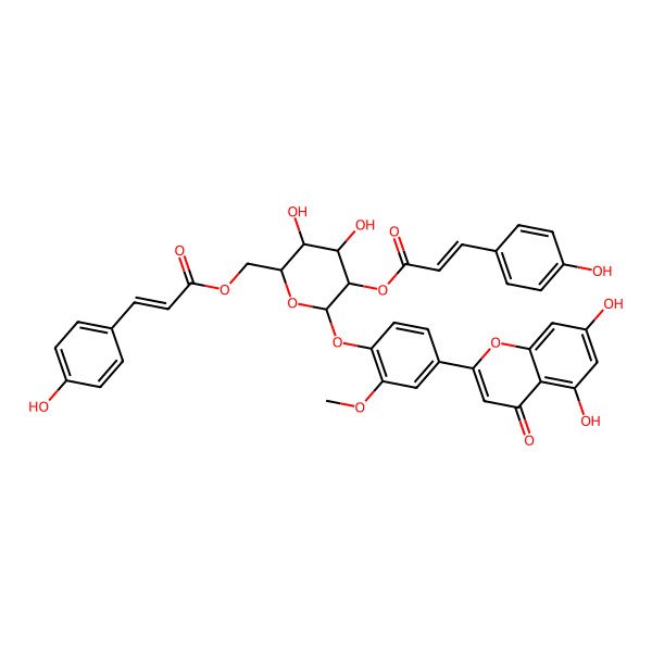 2D Structure of [(2R,3S,4S,5R,6S)-6-[4-(5,7-dihydroxy-4-oxochromen-2-yl)-2-methoxyphenoxy]-3,4-dihydroxy-5-[(E)-3-(4-hydroxyphenyl)prop-2-enoyl]oxyoxan-2-yl]methyl (Z)-3-(4-hydroxyphenyl)prop-2-enoate