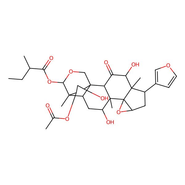 2D Structure of [21-Acetyloxy-6-(furan-3-yl)-4,12,19-trihydroxy-5,11,15-trimethyl-3-oxo-9,17-dioxahexacyclo[13.3.3.01,14.02,11.05,10.08,10]henicosan-16-yl] 2-methylbutanoate