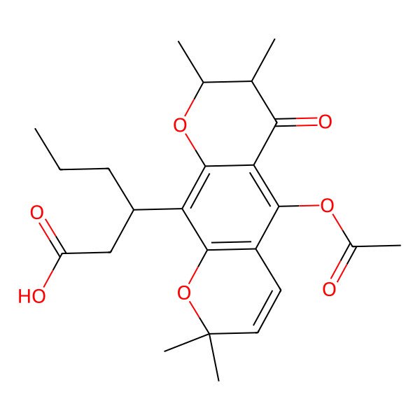 2D Structure of (3R)-3-[(7S,8R)-5-acetyloxy-2,2,7,8-tetramethyl-6-oxo-7,8-dihydropyrano[3,2-g]chromen-10-yl]hexanoic acid