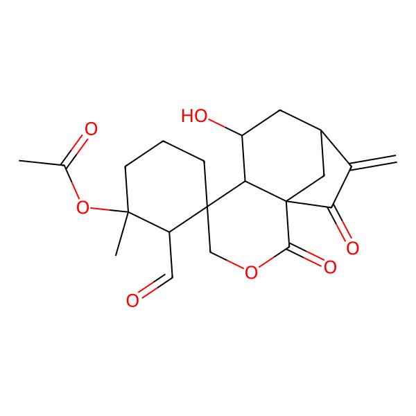 2D Structure of (2'-Formyl-7-hydroxy-1'-methyl-10-methylidene-2,11-dioxospiro[3-oxatricyclo[7.2.1.01,6]dodecane-5,3'-cyclohexane]-1'-yl) acetate