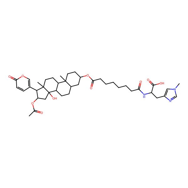 2D Structure of (2S)-2-[[8-[[(3S,5R,8R,9S,10S,13R,14S,16S,17R)-16-acetyloxy-14-hydroxy-10,13-dimethyl-17-(6-oxopyran-3-yl)-1,2,3,4,5,6,7,8,9,11,12,15,16,17-tetradecahydrocyclopenta[a]phenanthren-3-yl]oxy]-8-oxooctanoyl]amino]-3-(1-methylimidazol-4-yl)propanoic acid