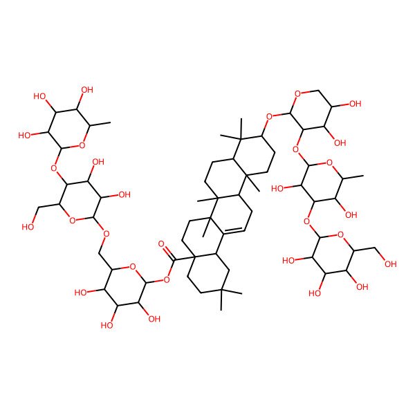 2D Structure of [(2S,3R,4S,5S,6R)-6-[[(2R,3R,4R,5S,6R)-3,4-dihydroxy-6-(hydroxymethyl)-5-[(2S,3R,4R,5R,6S)-3,4,5-trihydroxy-6-methyloxan-2-yl]oxyoxan-2-yl]oxymethyl]-3,4,5-trihydroxyoxan-2-yl] (4aS,6aR,6aS,6bR,8aR,10S,12aR,14bS)-10-[(2S,3R,4S,5R)-3-[(2S,3R,4R,5S,6S)-3,5-dihydroxy-6-methyl-4-[(2S,3R,4S,5S,6R)-3,4,5-trihydroxy-6-(hydroxymethyl)oxan-2-yl]oxyoxan-2-yl]oxy-4,5-dihydroxyoxan-2-yl]oxy-2,2,6a,6b,9,9,12a-heptamethyl-1,3,4,5,6,6a,7,8,8a,10,11,12,13,14b-tetradecahydropicene-4a-carboxylate