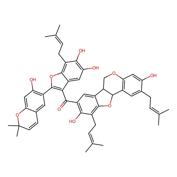 2D Structure of [3,9-dihydroxy-2,10-bis(3-methylbut-2-enyl)-6a,11a-dihydro-6H-[1]benzofuro[3,2-c]chromen-8-yl]-[5,6-dihydroxy-2-(7-hydroxy-2,2-dimethylchromen-6-yl)-7-(3-methylbut-2-enyl)-1-benzofuran-3-yl]methanone
