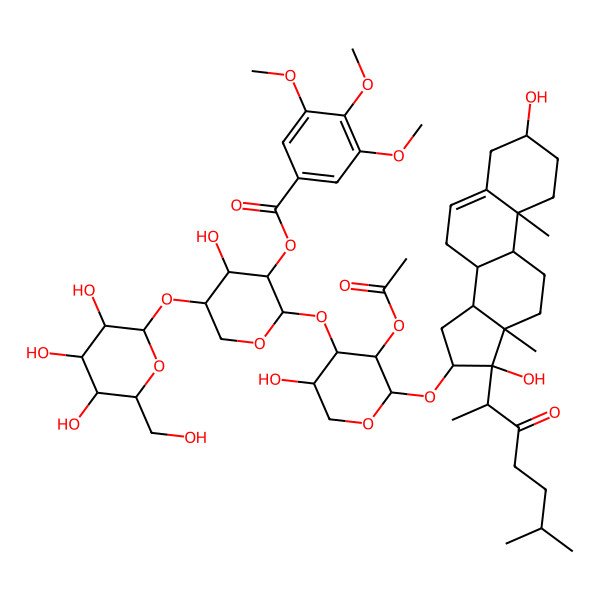 2D Structure of [(2S,3R,4S,5R)-2-[(2S,3R,4S,5S)-3-acetyloxy-2-[[(3S,8R,9S,10R,13S,14S,16S,17S)-3,17-dihydroxy-10,13-dimethyl-17-[(2S)-6-methyl-3-oxoheptan-2-yl]-1,2,3,4,7,8,9,11,12,14,15,16-dodecahydrocyclopenta[a]phenanthren-16-yl]oxy]-5-hydroxyoxan-4-yl]oxy-4-hydroxy-5-[(2S,3R,4S,5S,6R)-3,4,5-trihydroxy-6-(hydroxymethyl)oxan-2-yl]oxyoxan-3-yl] 3,4,5-trimethoxybenzoate