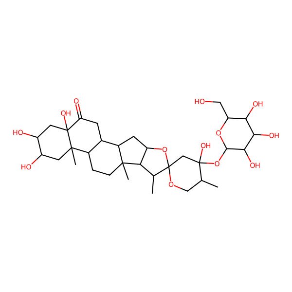 2D Structure of (1S,2S,4S,4'S,5'S,6R,7S,8R,9S,12S,13R,15R,16R,18S)-4',15,16,18-tetrahydroxy-5',7,9,13-tetramethyl-4'-[(2S,3R,4S,5S,6R)-3,4,5-trihydroxy-6-(hydroxymethyl)oxan-2-yl]oxyspiro[5-oxapentacyclo[10.8.0.02,9.04,8.013,18]icosane-6,2'-oxane]-19-one