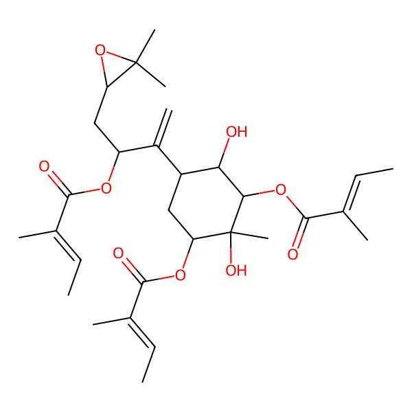 2D Structure of [5-[4-(3,3-Dimethyloxiran-2-yl)-3-(2-methylbut-2-enoyloxy)but-1-en-2-yl]-2,4-dihydroxy-2-methyl-3-(2-methylbut-2-enoyloxy)cyclohexyl] 2-methylbut-2-enoate