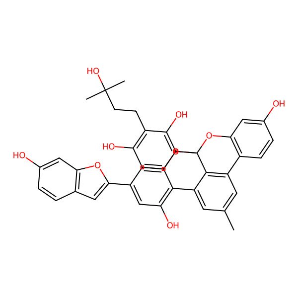 2D Structure of (1R)-1-[2,4-dihydroxy-3-(3-hydroxy-3-methylbutyl)phenyl]-17-(6-hydroxy-1-benzofuran-2-yl)-11-methyl-2,20-dioxapentacyclo[11.7.1.03,8.09,21.014,19]henicosa-3(8),4,6,9(21),10,12,14,16,18-nonaene-5,15-diol