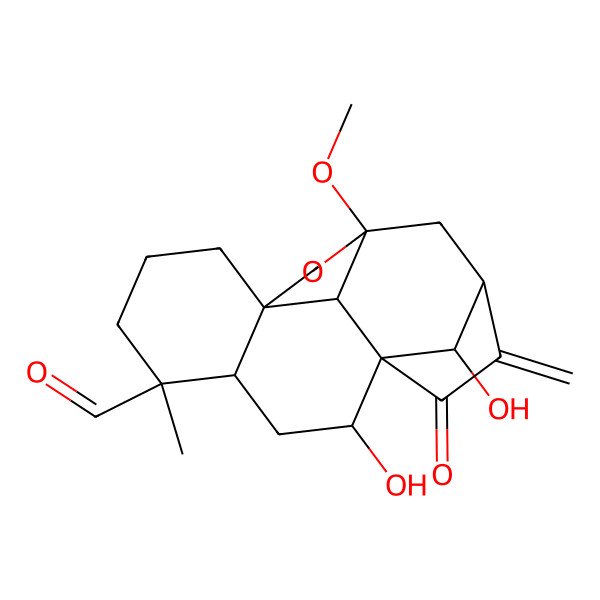 2D Structure of 10,18-Dihydroxy-4-methoxy-13-methyl-7-methylidene-8-oxo-3-oxapentacyclo[7.7.1.16,9.01,12.04,17]octadecane-13-carbaldehyde