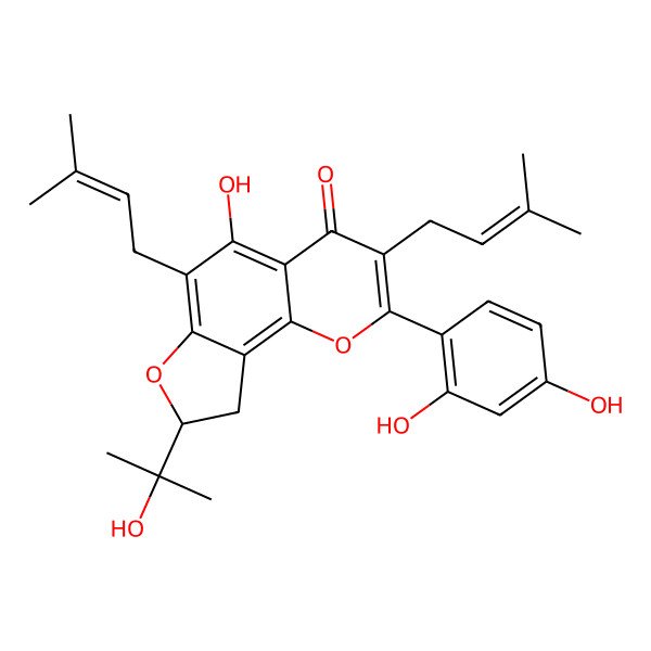 2D Structure of (8S)-2-(2,4-dihydroxyphenyl)-5-hydroxy-8-(2-hydroxypropan-2-yl)-3,6-bis(3-methylbut-2-enyl)-8,9-dihydrofuro[2,3-h]chromen-4-one