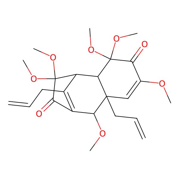 2D Structure of (2S,7S,8R)-3,3,5,8,11,11-hexamethoxy-7,12-bis(prop-2-enyl)tricyclo[7.2.1.02,7]dodeca-5,9(12)-diene-4,10-dione