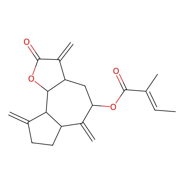 2D Structure of (3,6,9-Trimethylidene-2-oxo-3a,4,5,6a,7,8,9a,9b-octahydroazuleno[4,5-b]furan-5-yl) 2-methylbut-2-enoate