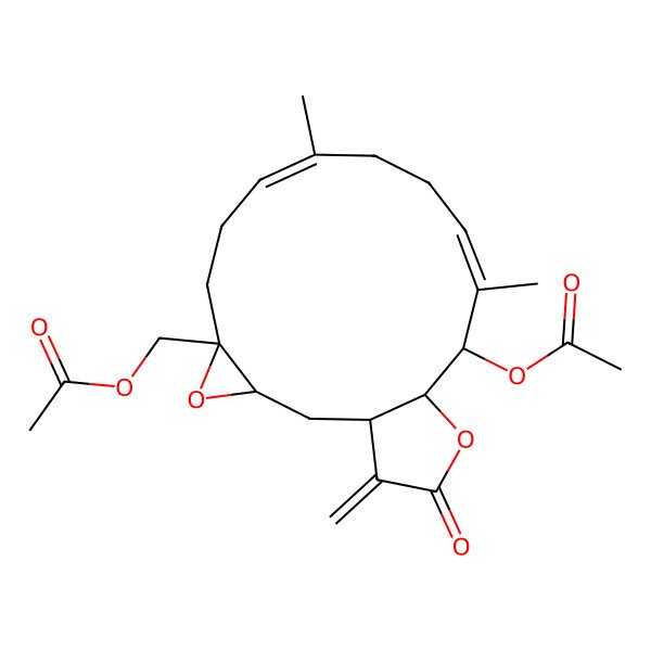 2D Structure of [(1R,3R,5S,14R,15R)-14-acetyloxy-9,13-dimethyl-18-methylidene-17-oxo-4,16-dioxatricyclo[13.3.0.03,5]octadeca-8,12-dien-5-yl]methyl acetate