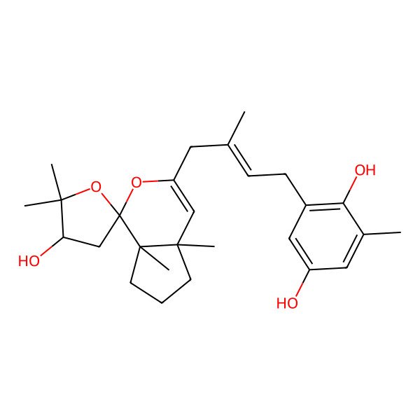 2D Structure of 2-[(E)-4-[(1R,3'R,4aS,7aR)-3'-hydroxy-2',2',4a,7a-tetramethylspiro[6,7-dihydro-5H-cyclopenta[c]pyran-1,5'-oxolane]-3-yl]-3-methylbut-2-enyl]-6-methylbenzene-1,4-diol