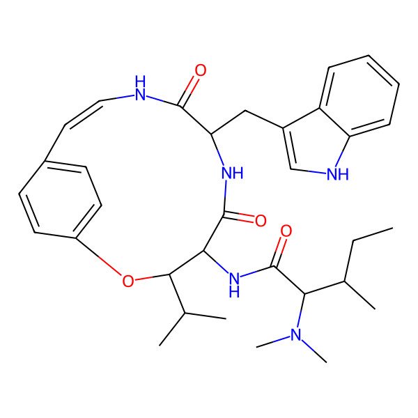 2D Structure of 2-(dimethylamino)-N-[7-(1H-indol-3-ylmethyl)-5,8-dioxo-3-propan-2-yl-2-oxa-6,9-diazabicyclo[10.2.2]hexadeca-1(14),10,12,15-tetraen-4-yl]-3-methylpentanamide
